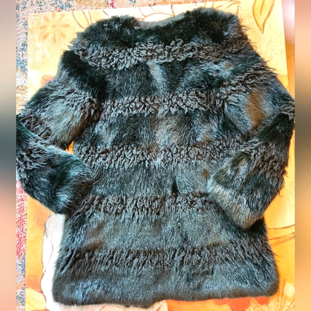SHRIMPS Emerald Forest Green Textured Stripes FAUX FUR Vegan Winter Jacket XS - Picture 3 of 16
